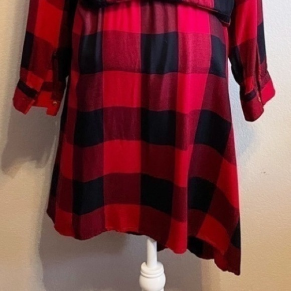 Old Navy Red Black Buffalo Plaid Elastic Tie Waist Button Up Shirt Dress Size 4X - Picture 8 of 9